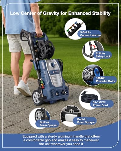 Pressure Washer 1800W Electric Pressure Washer with 5Quick Connect Nozzles Built in Foam Cannon 35ft GFCI Power Cord 27ft Hose Electric Power Washer for Car Patio Fence Driveway