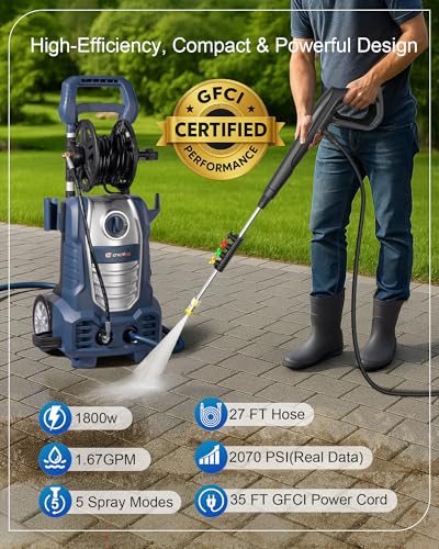 Pressure Washer 1800W Electric Pressure Washer with 5Quick Connect Nozzles Built in Foam Cannon 35ft GFCI Power Cord 27ft Hose Electric Power Washer for Car Patio Fence Driveway