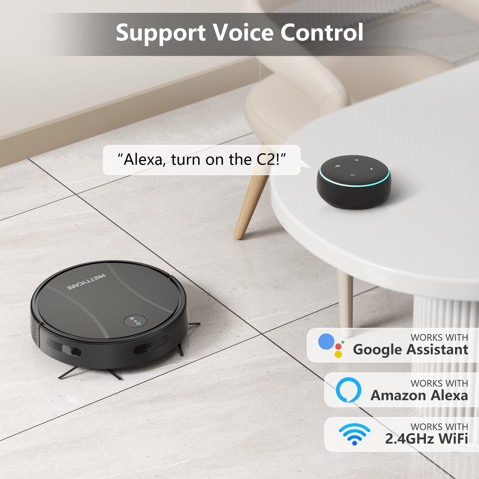 PrettyCare Combo de Aspiradora y Trapeador Robot, Aspiradora con Succión de 3000 Pa, Batería de 4400 Mah, Aplicación/control Remoto/control por Voz, Ideal para Pelo de Mascotas C2