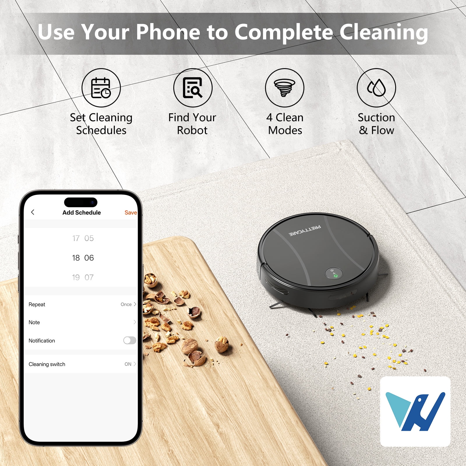 PrettyCare Combo de Aspiradora y Trapeador Robot, Aspiradora con Succión de 3000 Pa, Batería de 4400 Mah, Aplicación/control Remoto/control por Voz, Ideal para Pelo de Mascotas C2