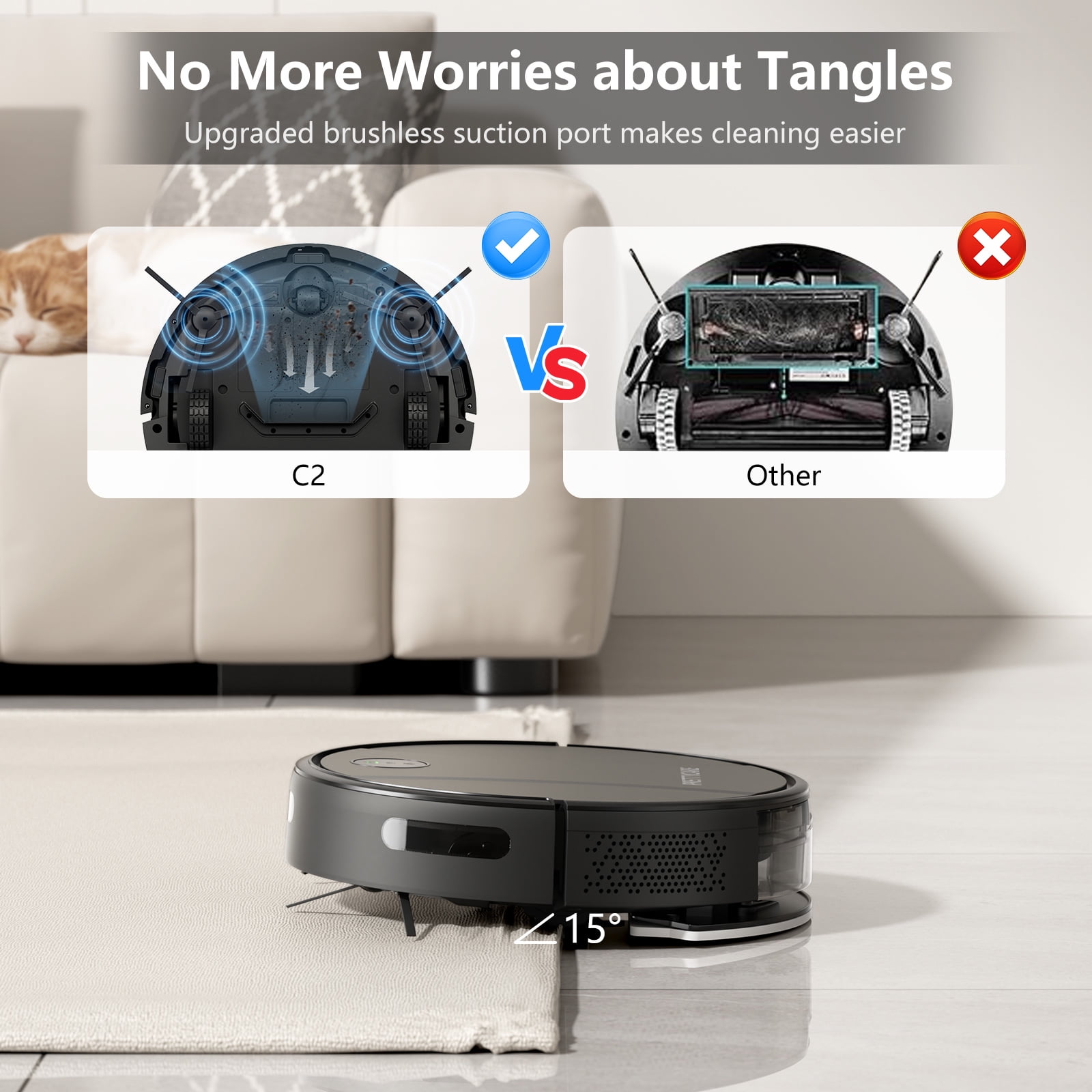 PrettyCare Combo de Aspiradora y Trapeador Robot, Aspiradora con Succión de 3000 Pa, Batería de 4400 Mah, Aplicación/control Remoto/control por Voz, Ideal para Pelo de Mascotas C2