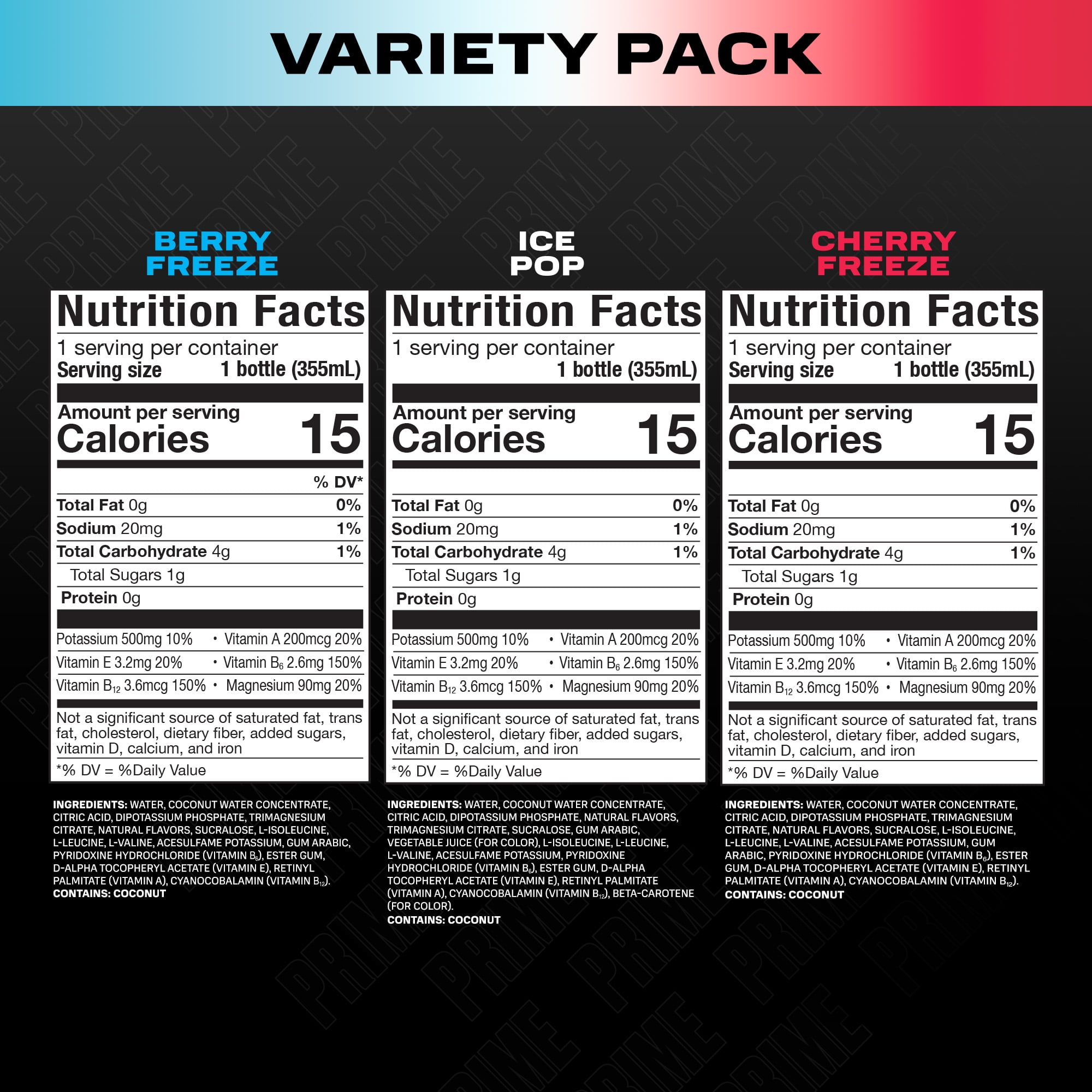 Prime Hydration Sports Drink  Ice Pop  Cherry Freeze  Berry Freeze  12 fl oz  15 Pack  Bottles