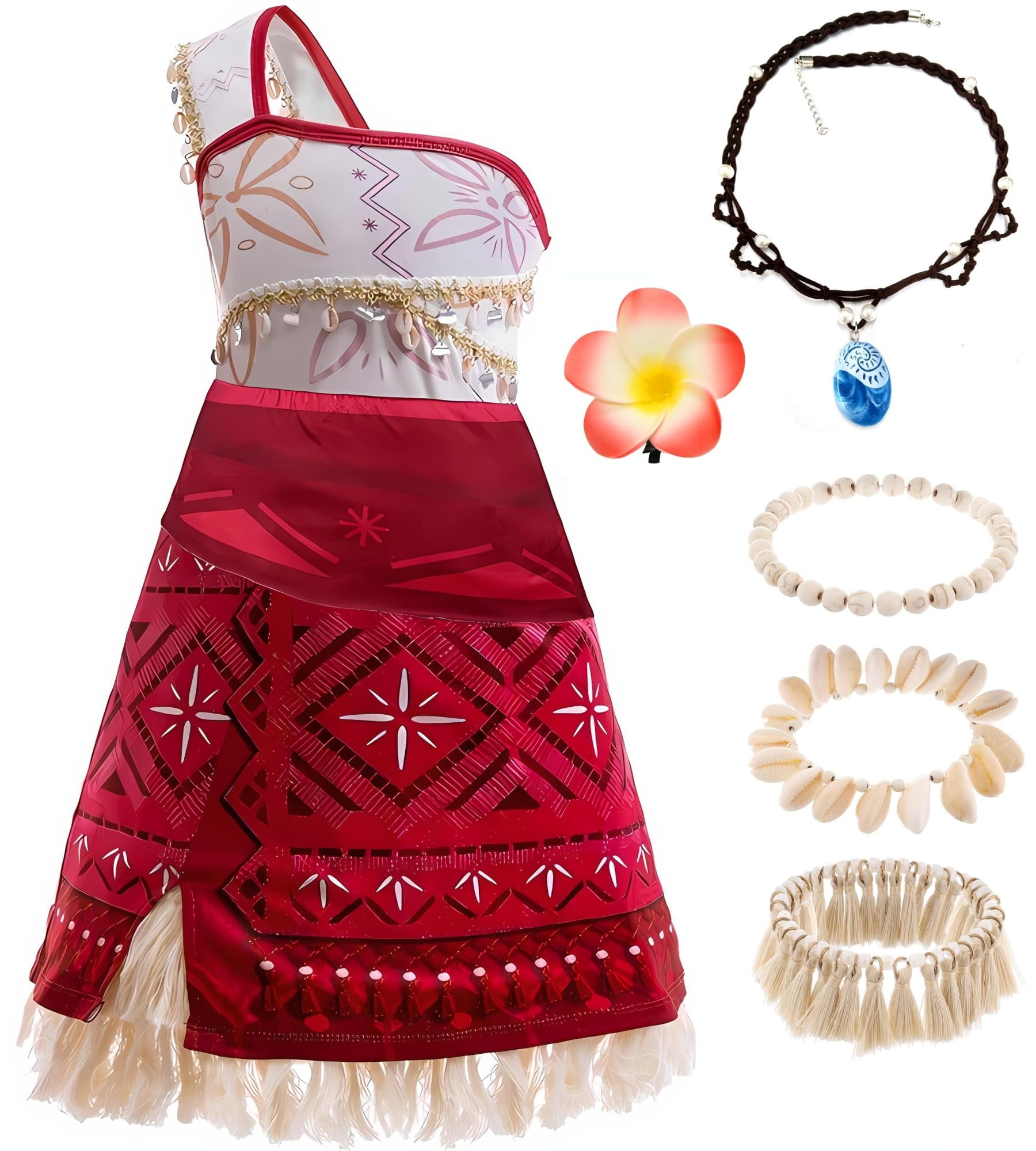 Talla 9-10 Princess Moana Adventure Costume for Girls Kids Ocean Theme Birthday Halloween Dress up With Necklace Shell anklet 9 10Years