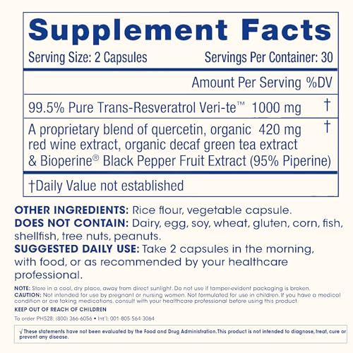 ProHealth Resveratrol 1000mg   Pure Trans Resveratrol   Plus Quercetin  Red Wine & Green Tea Extract   Clinically Studied to Support Cellular Health  Memory  Healthy Aging   60 Capsules