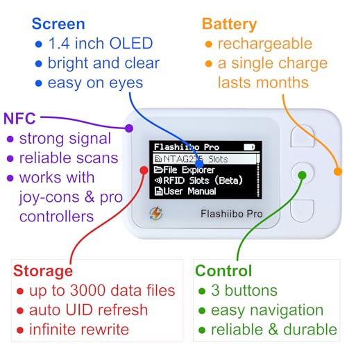 Pro NFC Emulator  NFC Tag Emulator  3000  Saves  Unlimited Rewrite  Auto UID Regen  Rechargeable Battery   1 4 OLED Screen  Compatible with 50  Games on Switch 1 & 2  White