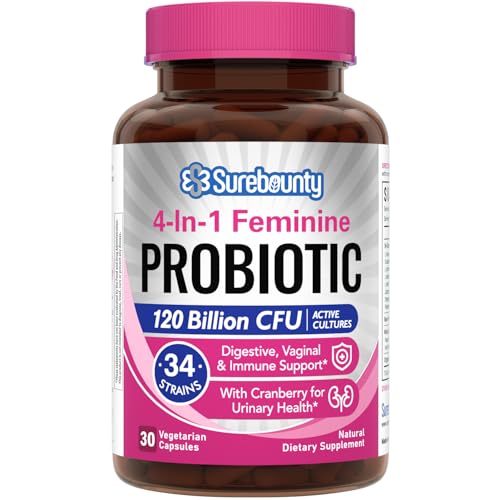 Probióticos para mujeres, 120 mil millones de cepas CFU 34, prebióticos + enzimas digestivas + arándano, mayor potencia, probiótico femenino 4 en 1, digestivo, vaginal, estado de ánimo, apoyo inmunológico, 30 cápsulas
