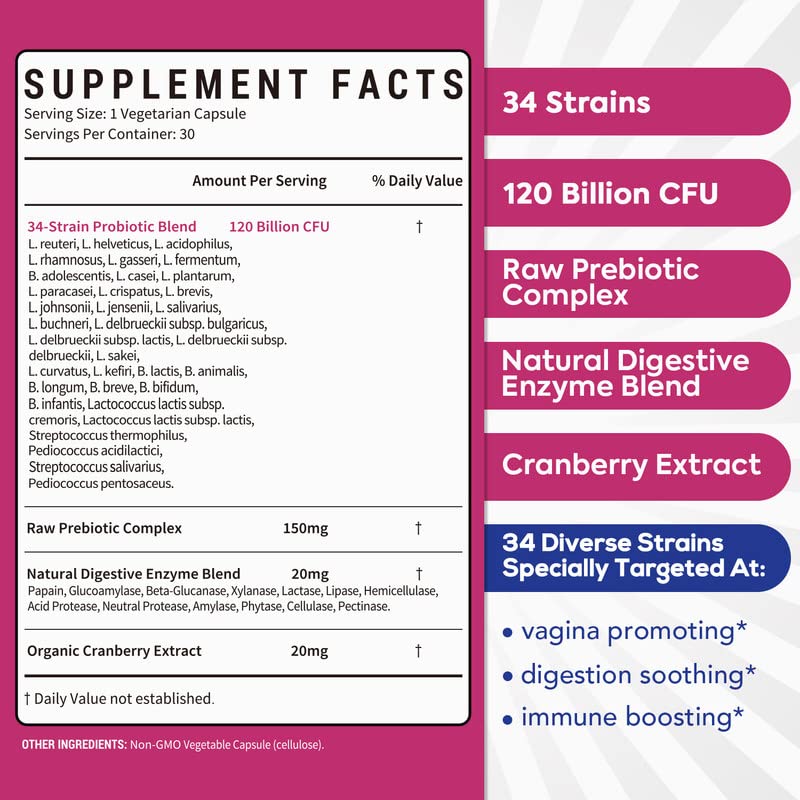 Probióticos para mujeres, 120 mil millones de cepas CFU 34, prebióticos + enzimas digestivas + arándano, mayor potencia, probiótico femenino 4 en 1, digestivo, vaginal, estado de ánimo, apoyo inmunológico, 30 cápsulas