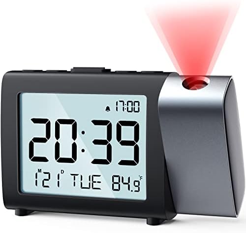 Projection Alarm Clock for Bedroom  Digital LCD Clock with Temperature Date Snooze 12/24H and Weekend Mode  Easy Set Dimmer Clock with 2 Levels Volume  Mains and Battery Operated