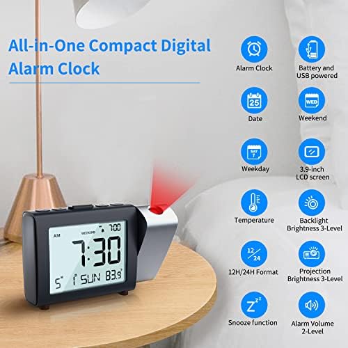 Projection Alarm Clock for Bedroom  Digital LCD Clock with Temperature Date Snooze 12/24H and Weekend Mode  Easy Set Dimmer Clock with 2 Levels Volume  Mains and Battery Operated