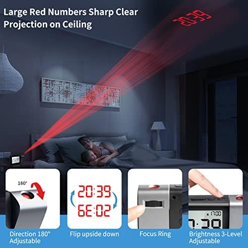 Projection Alarm Clock for Bedroom  Digital LCD Clock with Temperature Date Snooze 12/24H and Weekend Mode  Easy Set Dimmer Clock with 2 Levels Volume  Mains and Battery Operated