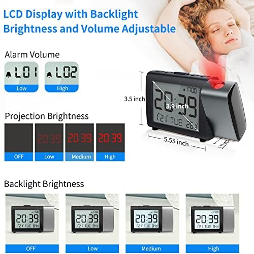 Projection Alarm Clock for Bedroom  Digital LCD Clock with Temperature Date Snooze 12/24H and Weekend Mode  Easy Set Dimmer Clock with 2 Levels Volume  Mains and Battery Operated