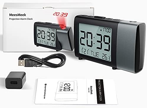 Projection Alarm Clock for Bedroom  Digital LCD Clock with Temperature Date Snooze 12/24H and Weekend Mode  Easy Set Dimmer Clock with 2 Levels Volume  Mains and Battery Operated