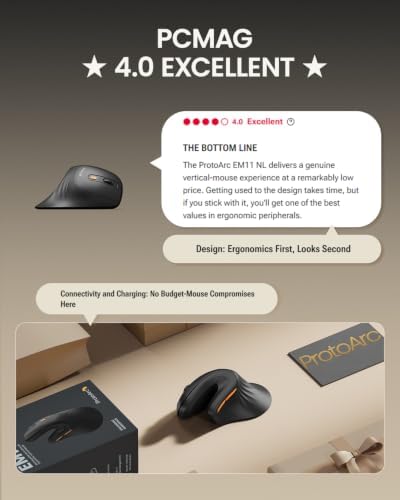 ProtoArc Ergonomic Mouse  EM11 NL Bluetooth Rechargeable Wireless Vertical Mouse  3 Multi Device Connectivity for Computer/PC/Laptop  2 4GHz USB A Optical Mice for Windows  Mac OS  Black