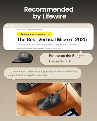 ProtoArc Ergonomic Mouse  EM11 NL Bluetooth Rechargeable Wireless Vertical Mouse  3 Multi Device Connectivity for Computer/PC/Laptop  2 4GHz USB A Optical Mice for Windows  Mac OS  Black