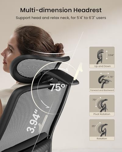 ProtoArc Ergonomic Office Chair   EC200 High Back Mesh Computer Chair with Lumbar Support  3D Adjustable Headrest & Sliding Seat for 8  Hour Comfort  Big & Tall Home Office Desk Chairs   Black