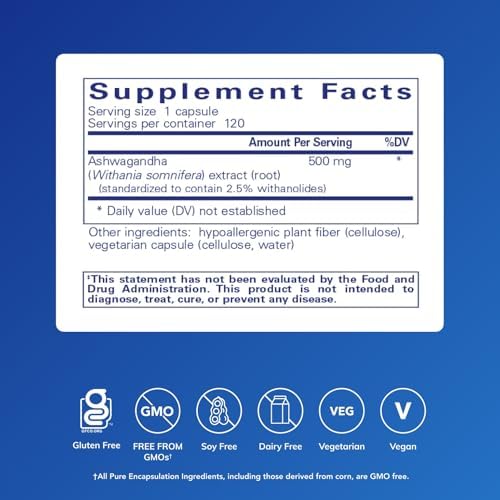 Pure Encapsulations Ashwagandha   500 mg Ashwagandha Extract   Metabolism & Stress Support   Immune Support   GMO Free & Vegan   120 Capsules