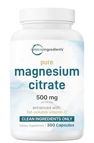 Suplementos de citrato de magnesio puro de 500 mg, 300 cápsulas | Vitamina C soluble en grasa añadida | 100% quelado | Apoya la digestión, la salud muscular y cardíaca | Solo ingredientes activos