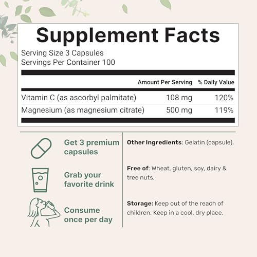 Suplementos de citrato de magnesio puro de 500 mg, 300 cápsulas | Vitamina C soluble en grasa añadida | 100% quelado | Apoya la digestión, la salud muscular y cardíaca | Solo ingredientes activos