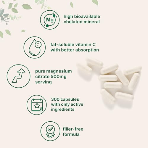 Suplementos de citrato de magnesio puro de 500 mg, 300 cápsulas | Vitamina C soluble en grasa añadida | 100% quelado | Apoya la digestión, la salud muscular y cardíaca | Solo ingredientes activos
