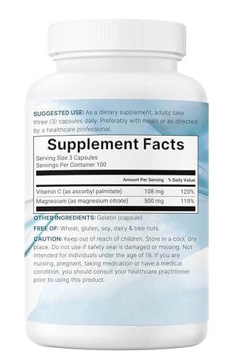Suplementos de citrato de magnesio puro de 500 mg, 300 cápsulas | Vitamina C soluble en grasa añadida | 100% quelado | Apoya la digestión, la salud muscular y cardíaca | Solo ingredientes activos