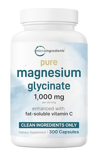 Glicinato de magnesio puro 1,000 mg, 300 cápsulas | 100% quelado para una máxima absorción | Apoyo para el sueño, la salud muscular, del corazón y los nervios | Mejorado con vitamina C | Solo utiliza