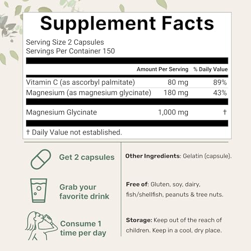 Glicinato de magnesio puro 1,000 mg, 300 cápsulas | 100% quelado para una máxima absorción | Apoyo para el sueño, la salud muscular, del corazón y los nervios | Mejorado con vitamina C | Solo utiliza