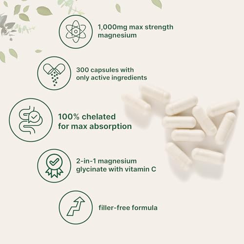 Glicinato de magnesio puro 1,000 mg, 300 cápsulas | 100% quelado para una máxima absorción | Apoyo para el sueño, la salud muscular, del corazón y los nervios | Mejorado con vitamina C | Solo utiliza