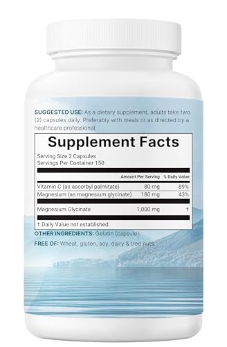 Glicinato de magnesio puro 1,000 mg, 300 cápsulas | 100% quelado para una máxima absorción | Apoyo para el sueño, la salud muscular, del corazón y los nervios | Mejorado con vitamina C | Solo utiliza