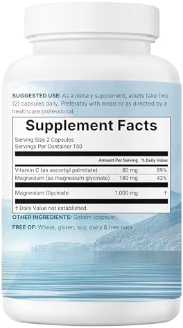 Pure Magnesium Glycinate 1 000mg  300 Capsules   100  Chelated for Max Absorption   Support for Sleep  Muscle  Heart & Nerve Health    Enhanced with Vitamin C   Only Uses Active Ingredients