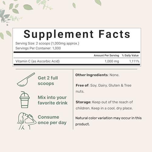 Pure Vitamin C Crystal Powder  Water Soluble Vitamin C 1000mg Per Serving   1 KG  2 2 Pounds   Immune Vitamins and Strong Antioxidant  Pure Ascorbic Acid Powder Supplement