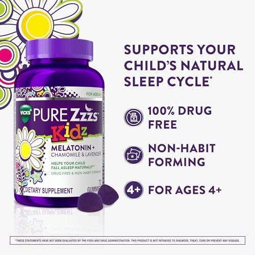 Pure Zzzs  Kidz  Kids Melatonin Gummy  Sleep Aid  Low Amount of Melatonin for Kids  with Chamomile and Lavender  1 mg  Berry Flavored  72 Count
