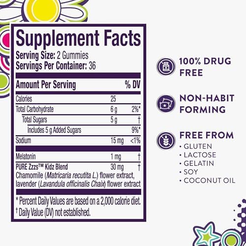 Pure Zzzs  Kidz  Kids Melatonin Gummy  Sleep Aid  Low Amount of Melatonin for Kids  with Chamomile and Lavender  1 mg  Berry Flavored  72 Count