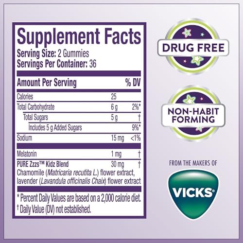 Pure Zzzs  Kidz  Kids Melatonin Gummy  Sleep Aid  Low Amount of Melatonin for Kids  with Chamomile and Lavender  1 mg  Berry Flavored  72 Count