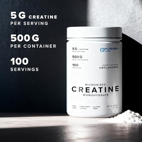 Puregen Labs Micronized Creatine Monohydrate Powder 500g   Pure  Unflavored  No Additives   5000mg Per Serv  5g    100 Servings   Third Party Tested for Quality