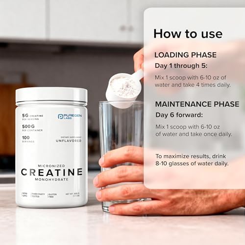 Puregen Labs Micronized Creatine Monohydrate Powder 500g   Pure  Unflavored  No Additives   5000mg Per Serv  5g    100 Servings   Third Party Tested for Quality