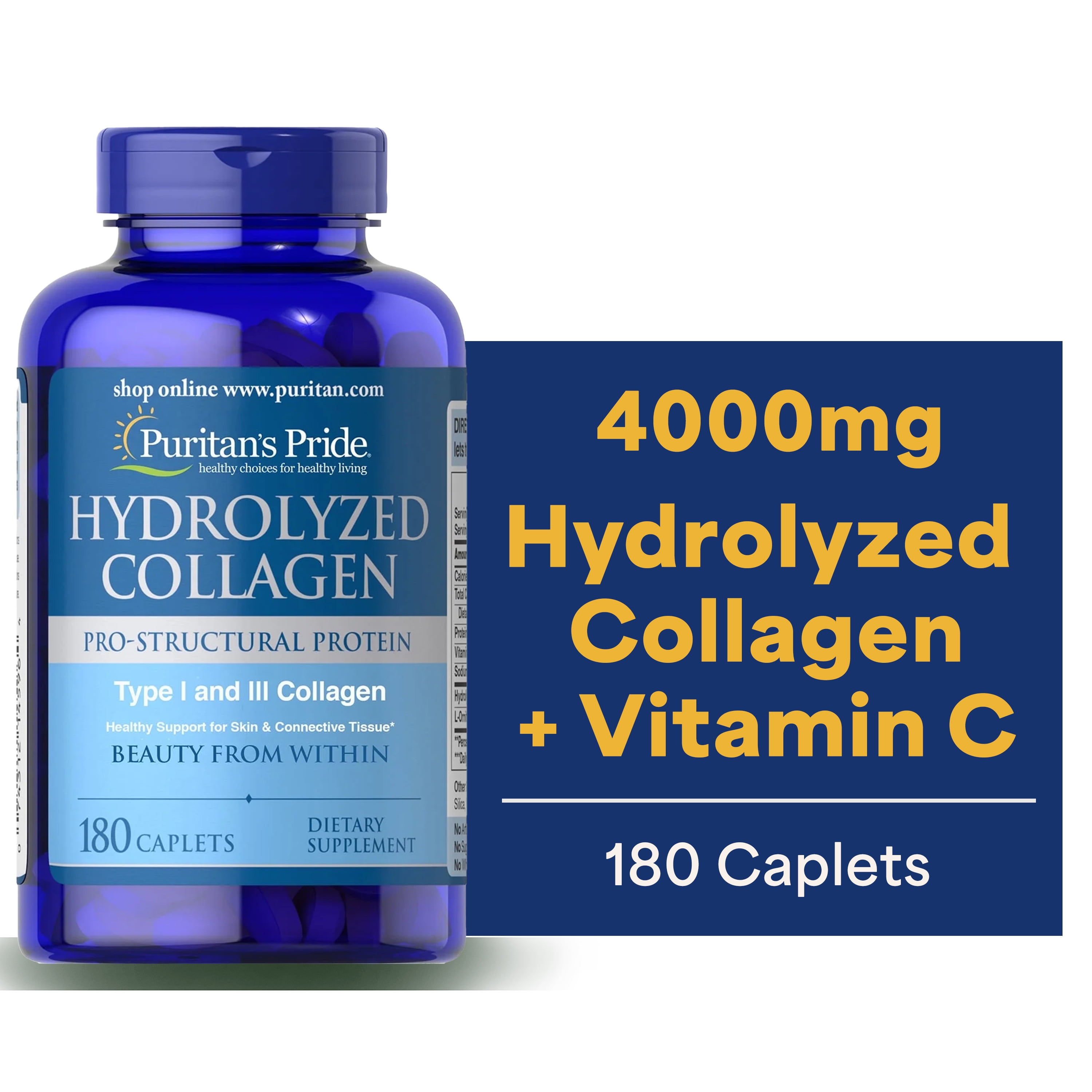 Puritans Pride Hydrolyzed Collagen Caplets  1000 Mg  180 Ct