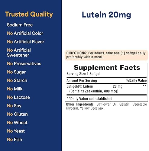Puritans Pride Premium Lutigold Lutein Carotenoid 20mg with Zeaxanthin for Men and Women  Dietary Supplement for Eye Health Support  8 Month Supply  120 Easy to Swallow Softgels  2 Pack