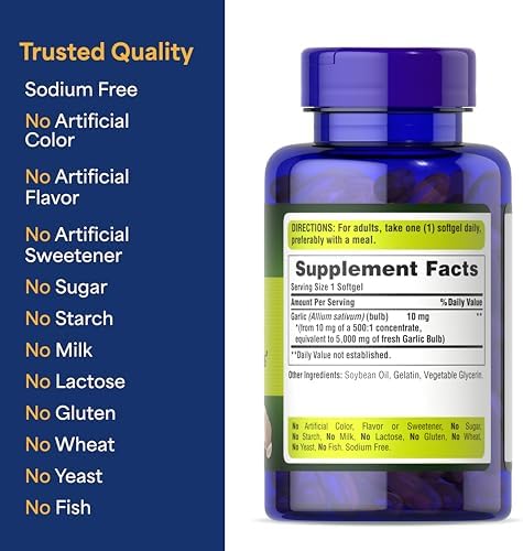 Puritans Pride Premium Garlic Fresh 5000mg  Traditional Dietary Supplement for Heart Health and Circulation Support with Antioxidant Properties  250 Rapid Release Softgels