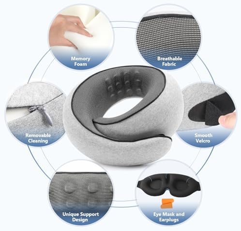 Purroch Travel Neck Pillow with 100  Pure Memory Foam  G Shape  Includes Eye Mask & Ear Plugs  Ergonomic Design for Airplane  Car & Office  etc  Beige Gray