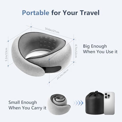 Purroch Travel Neck Pillow with 100  Pure Memory Foam  G Shape  Includes Eye Mask & Ear Plugs  Ergonomic Design for Airplane  Car & Office  etc  Beige Gray