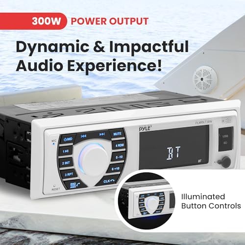 Pyle Marine Radio Receiver Speaker Set 12v Single Din Style Bluetooth Compatible Waterproof Digital Boat In Dash Console System with Mic 4 Speakers  Remote Control  Wiring Harness PLMRKT38W  White 