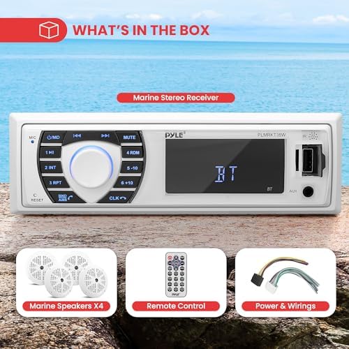 Pyle Marine Radio Receiver Speaker Set 12v Single Din Style Bluetooth Compatible Waterproof Digital Boat In Dash Console System with Mic 4 Speakers  Remote Control  Wiring Harness PLMRKT38W  White 