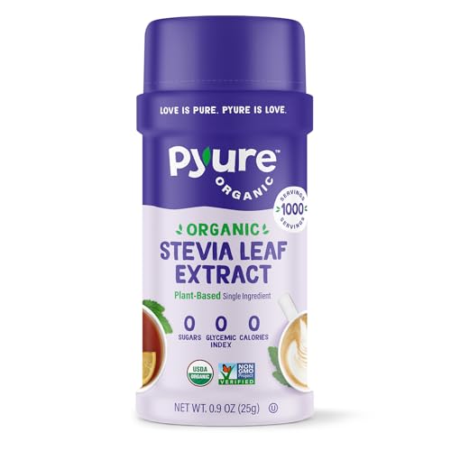 Extracto de stevia orgánico en polvo Pyure | Extracto de hoja de stevia 100 % puro, sin rellenos, sin azúcar, keto, paleo, apto para diabéticos, cero calorías, 300 veces más dulce que el azúcar, 1000 porciones, certificado orgánico por el USDA