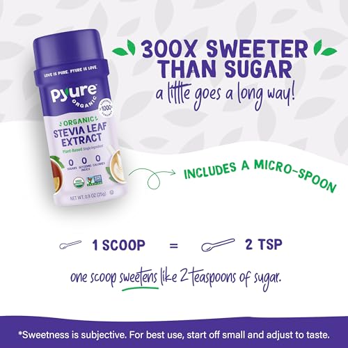 Extracto de stevia orgánico en polvo Pyure | Extracto de hoja de stevia 100 % puro, sin rellenos, sin azúcar, keto, paleo, apto para diabéticos, cero calorías, 300 veces más dulce que el azúcar, 1000 porciones, certificado orgánico por el USDA