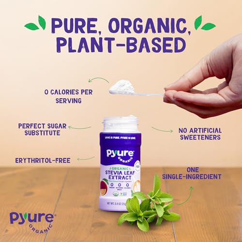 Extracto de stevia orgánico en polvo Pyure | Extracto de hoja de stevia 100 % puro, sin rellenos, sin azúcar, keto, paleo, apto para diabéticos, cero calorías, 300 veces más dulce que el azúcar, 1000 porciones, certificado orgánico por el USDA