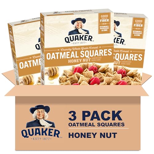 Quaker Oatmeal Squares Crunchy Whole Grain Breakfast Cereal  Honey Nut  14 5 Oz Boxes  Pack of 3