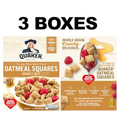 Quaker Oatmeal Squares Crunchy Whole Grain Breakfast Cereal  Honey Nut  14 5 Oz Boxes  Pack of 3