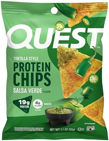 Quest Nutrition Tortilla Style Protein Chips  Salsa Verde  19g of Protein  4g Net Carbs  Gluten Free  1 1 Ounce  Pack of 12