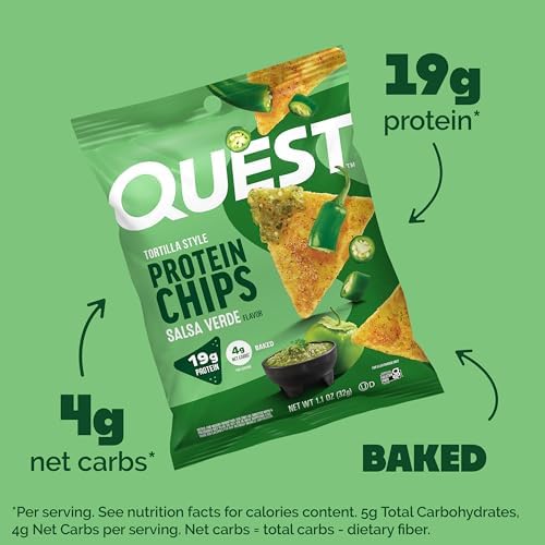 Quest Nutrition Tortilla Style Protein Chips  Salsa Verde  19g of Protein  4g Net Carbs  Gluten Free  1 1 Ounce  Pack of 12