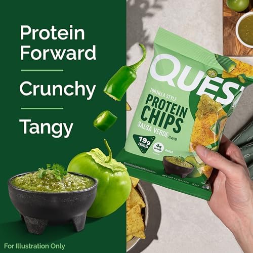 Quest Nutrition Tortilla Style Protein Chips  Salsa Verde  19g of Protein  4g Net Carbs  Gluten Free  1 1 Ounce  Pack of 12